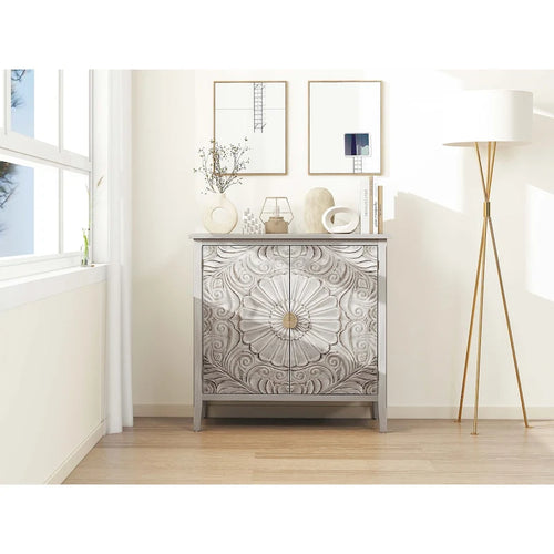 Meuble de rangement 2 portes gris et blanc avec motifs floraux sculptés pour chambre ou salon