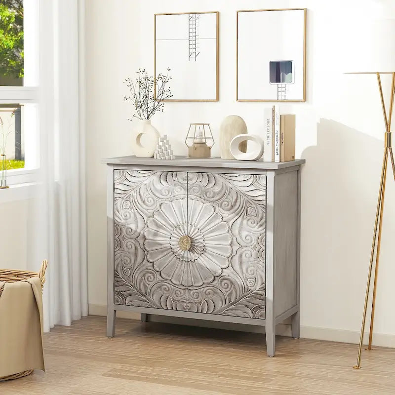 Meuble de rangement 2 portes gris et blanc avec motifs floraux sculptés pour chambre ou salon