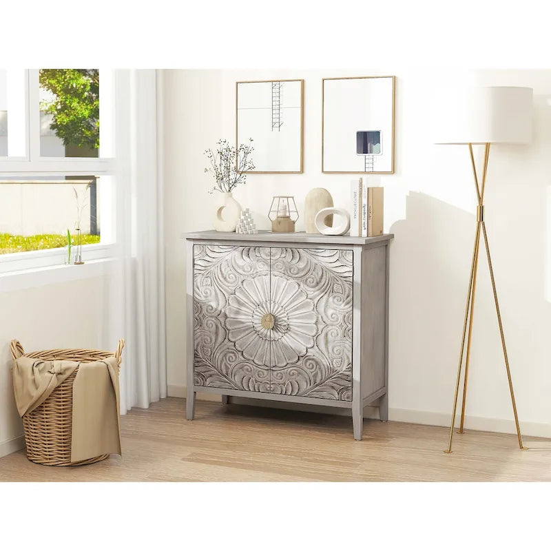 Meuble de rangement 2 portes gris et blanc avec motifs floraux sculptés pour chambre ou salon