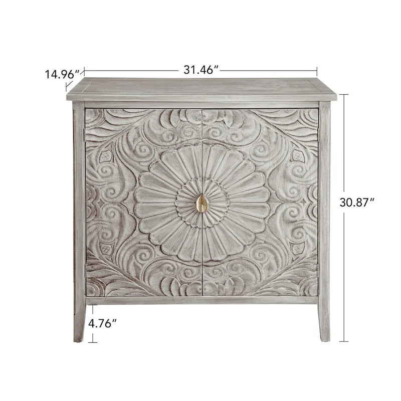 Meuble de rangement 2 portes gris et blanc avec motifs floraux sculptés pour chambre ou salon