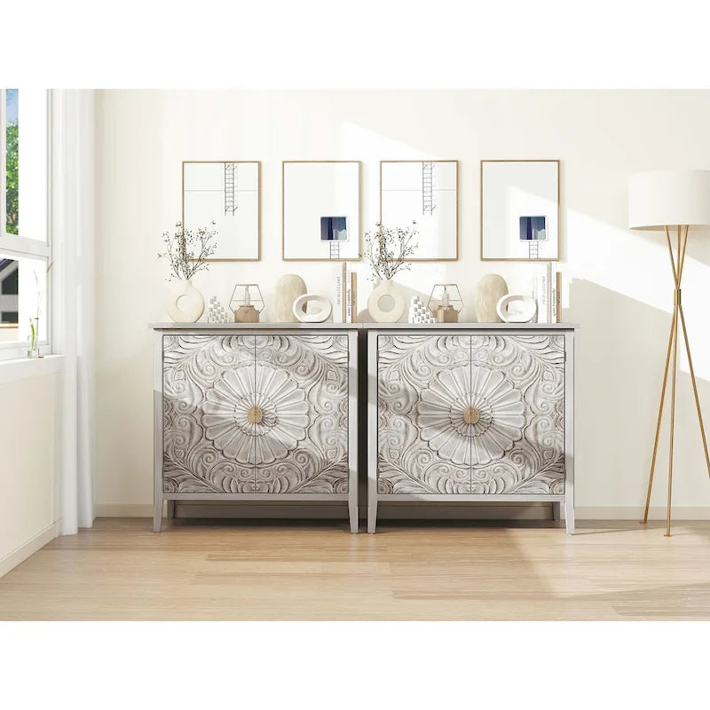 Meuble de rangement 2 portes gris et blanc avec motifs floraux sculptés pour chambre ou salon