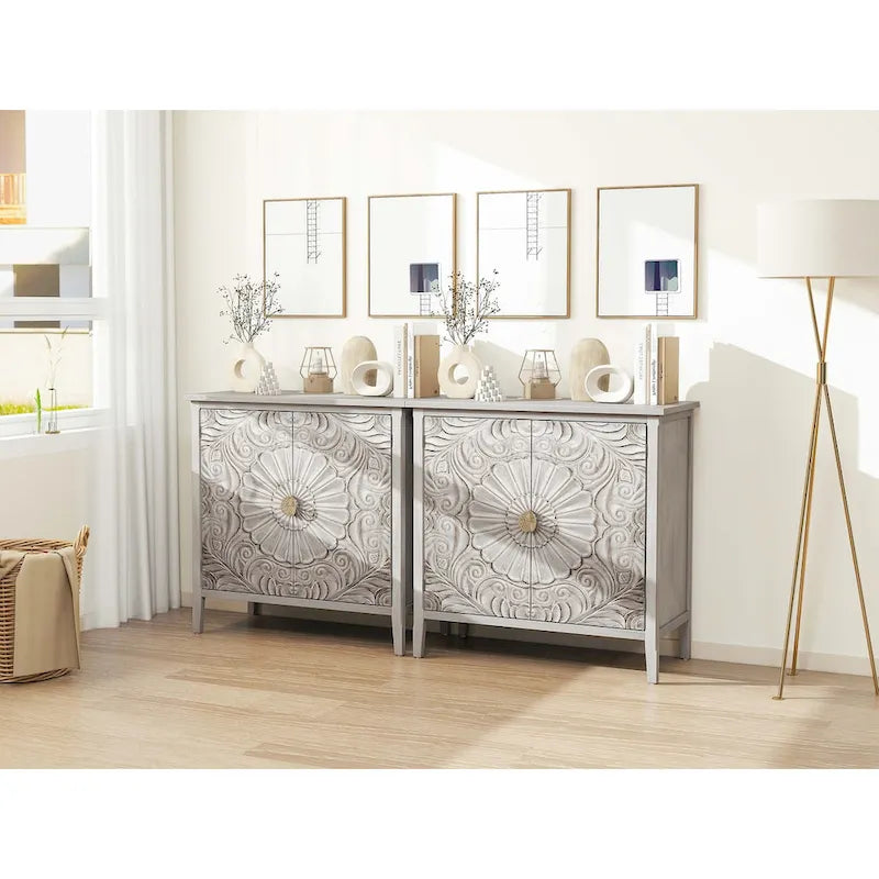 Meuble de rangement 2 portes gris et blanc avec motifs floraux sculptés pour chambre ou salon