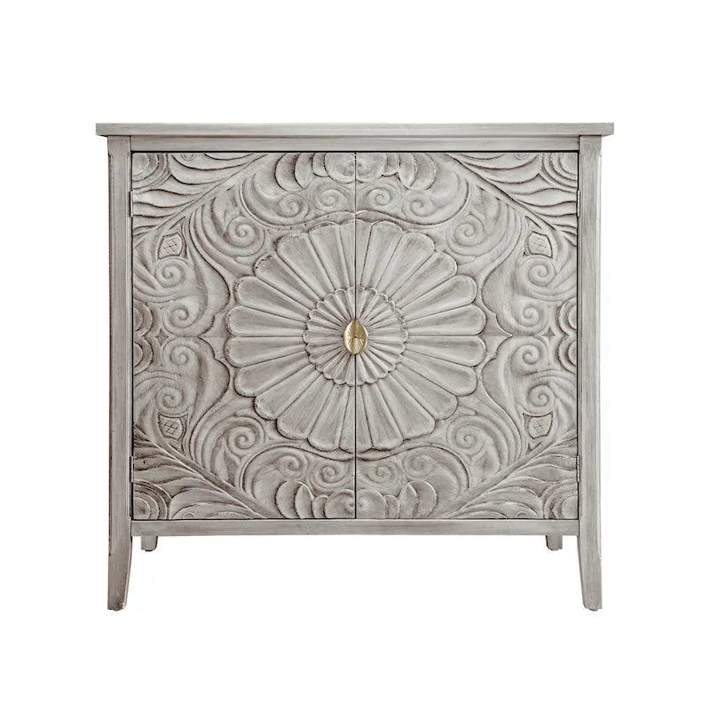 Meuble de rangement 2 portes gris et blanc avec motifs floraux sculptés pour chambre ou salon