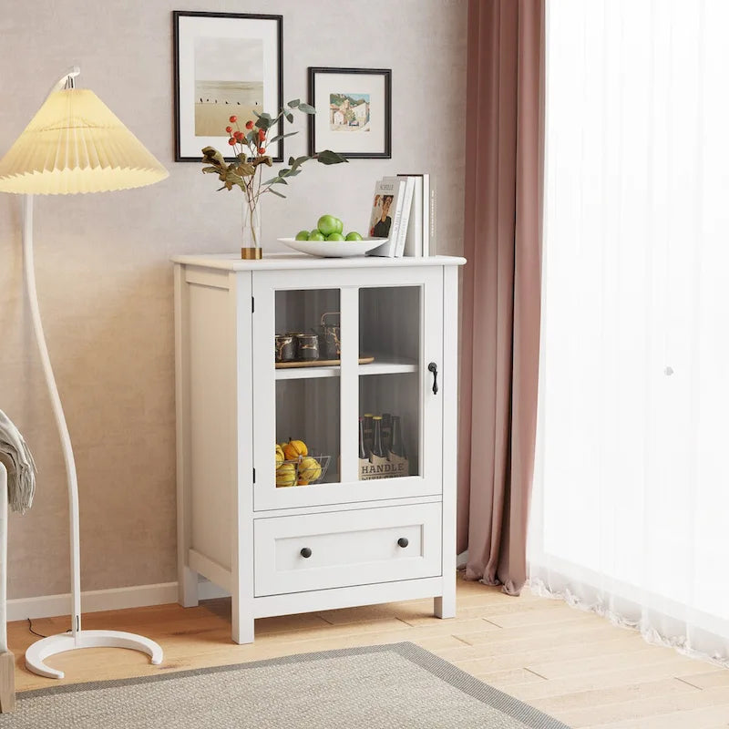 Meuble de rangement blanc à porte vitrée simple avec poignée cloche rétro et tiroir inférieur