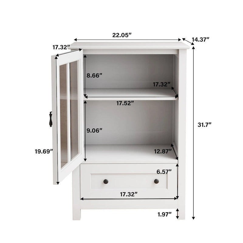 Meuble de rangement blanc à porte vitrée simple avec poignée cloche rétro et tiroir inférieur