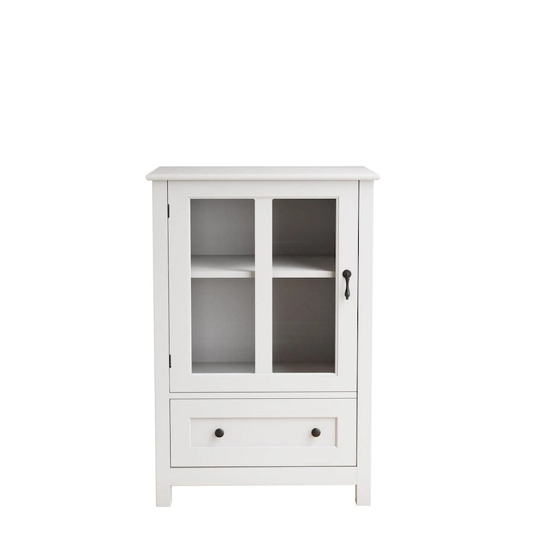 Meuble de rangement blanc à porte vitrée simple avec poignée cloche rétro et tiroir inférieur
