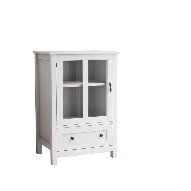 Meuble de rangement blanc à porte vitrée simple avec poignée cloche rétro et tiroir inférieur