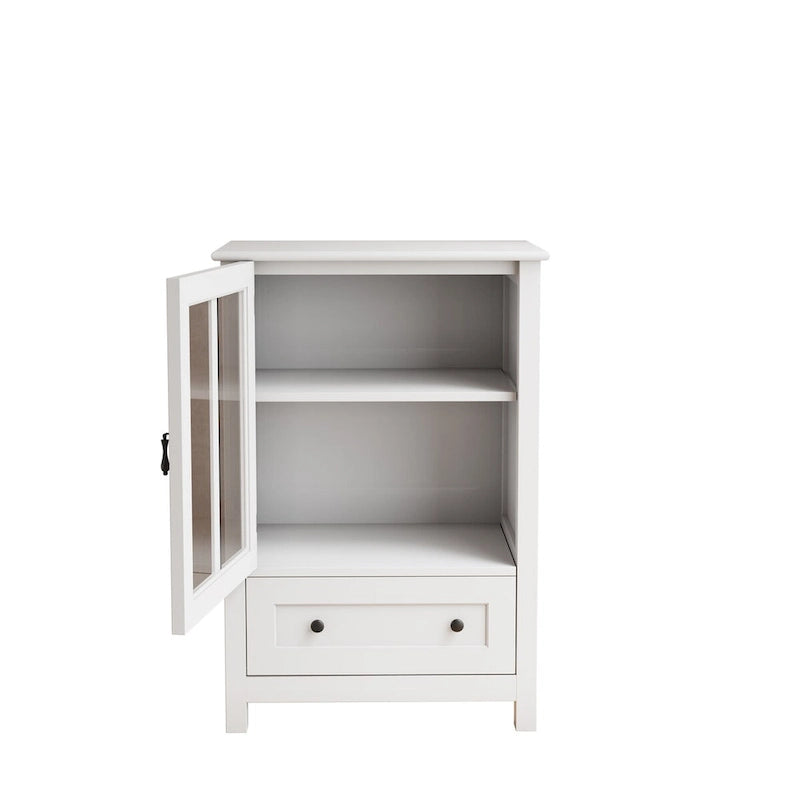 Meuble de rangement blanc à porte vitrée simple avec poignée cloche rétro et tiroir inférieur