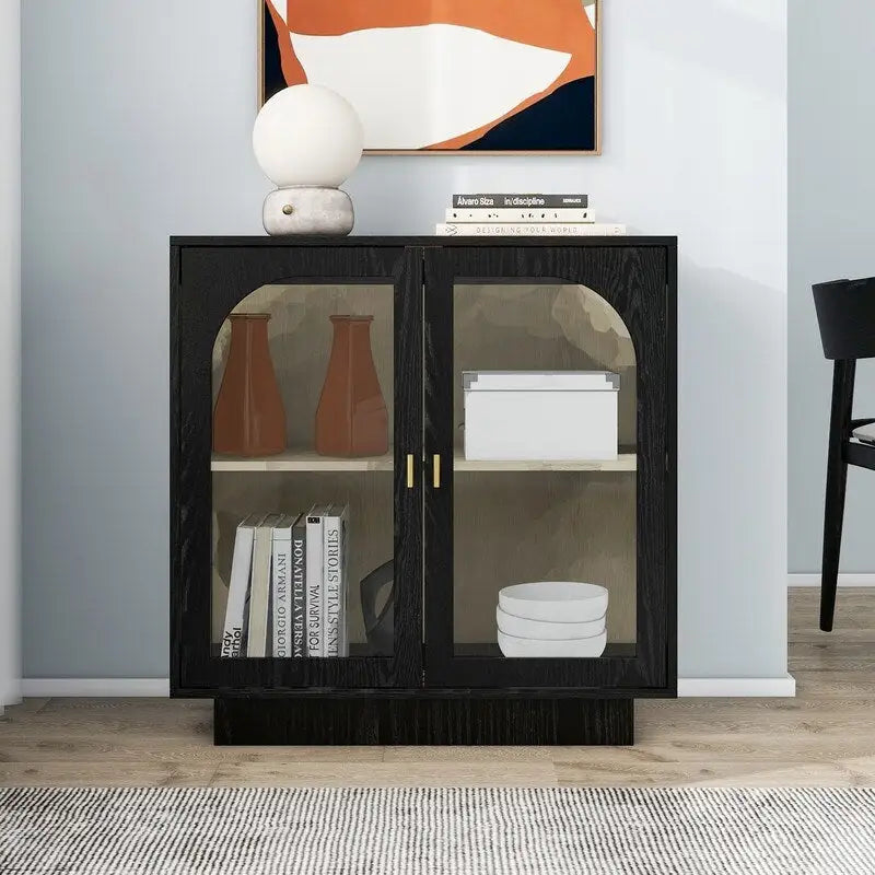 Meuble de rangement avec portes vitrées arquées Blanc Noir Poignée dorée Salon
