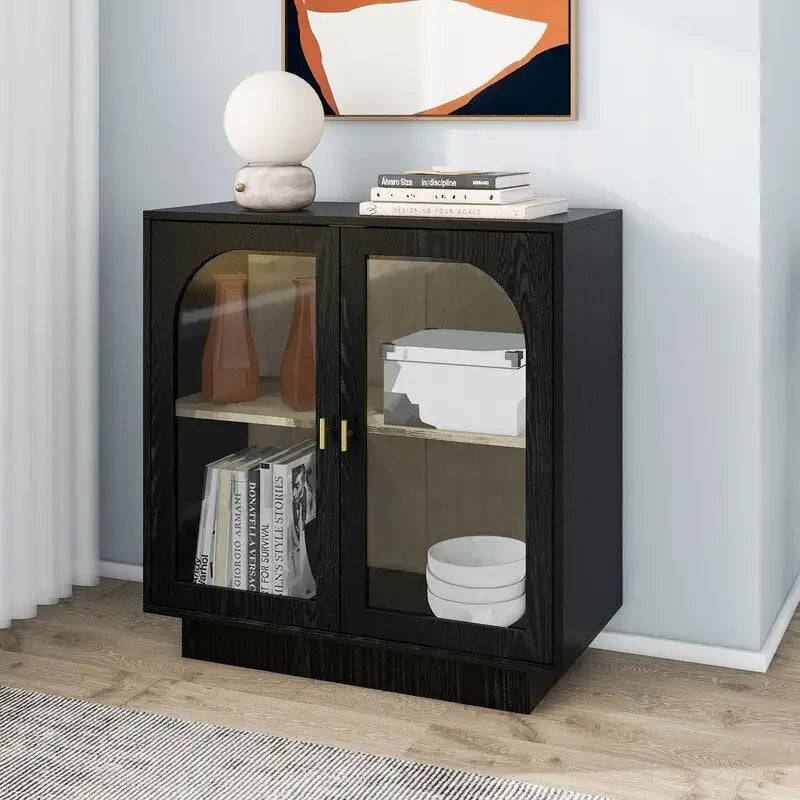 Meuble de rangement avec portes vitrées arquées Blanc Noir Poignée dorée Salon