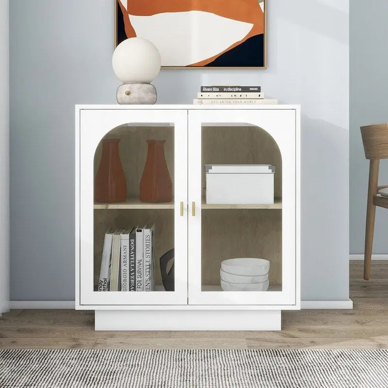 Meuble de rangement avec portes vitrées arquées Blanc Noir Poignée dorée Salon