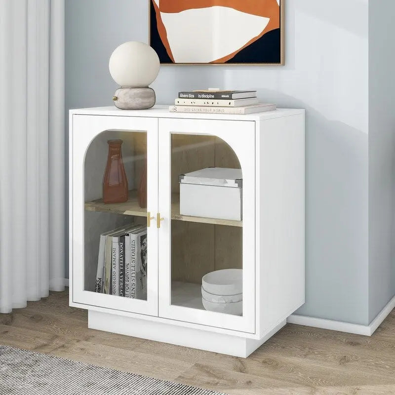 Meuble de rangement avec portes vitrées arquées Blanc Noir Poignée dorée Salon