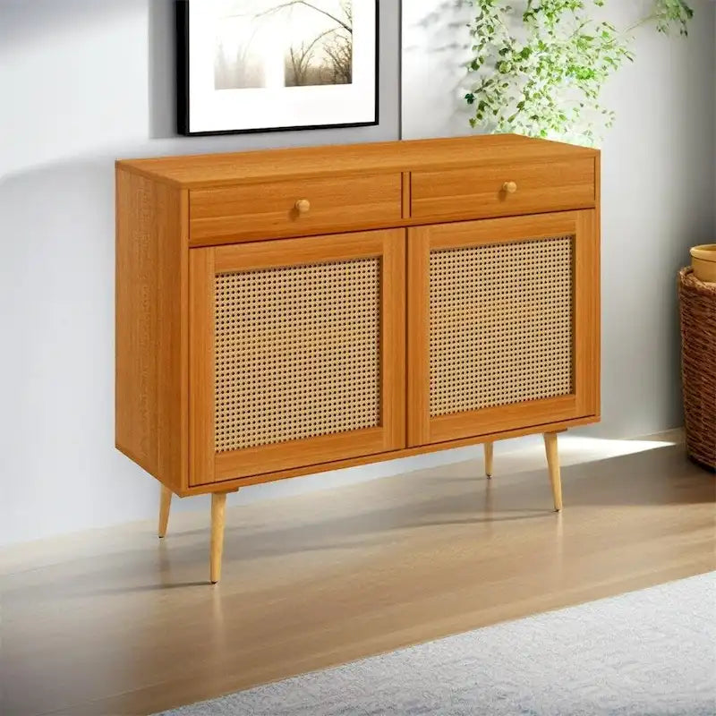 Meuble de rangement en rotin style bohème avec 2 tiroirs et étagère réglable, couleur marron clair