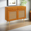 Meuble de rangement en rotin style bohème avec 2 tiroirs et étagère réglable, couleur marron clair