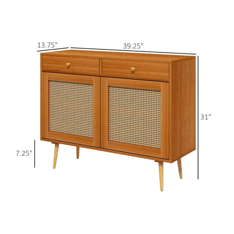 Meuble de rangement en rotin style bohème avec 2 tiroirs et étagère réglable, couleur marron clair