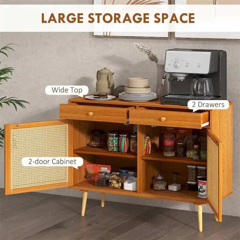 Meuble de rangement en rotin style bohème avec 2 tiroirs et étagère réglable, couleur marron clair