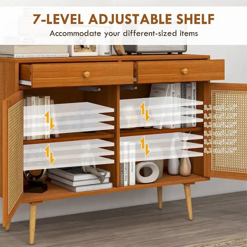 Meuble de rangement en rotin style bohème avec 2 tiroirs et étagère réglable, couleur marron clair