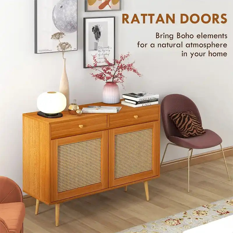 Meuble de rangement en rotin style bohème avec 2 tiroirs et étagère réglable, couleur marron clair