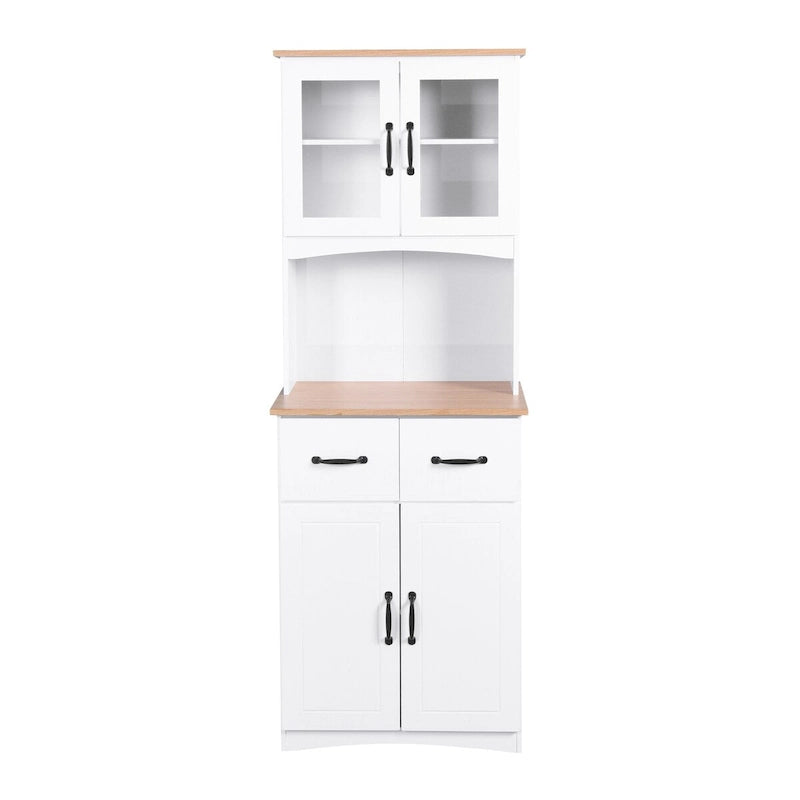 Meuble de rangement de cuisine blanc avec portes vitrées, tiroir et étagère ouverte pour micro-ondes