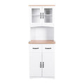 Meuble de rangement de cuisine blanc avec portes vitrées, tiroir et étagère ouverte pour micro-ondes