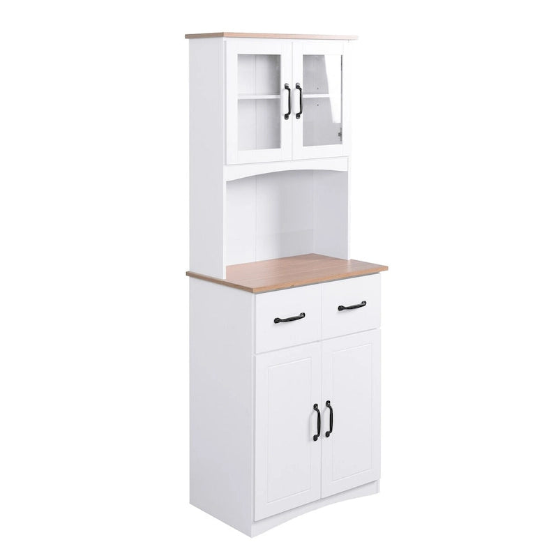 Meuble de rangement de cuisine blanc avec portes vitrées, tiroir et étagère ouverte pour micro-ondes