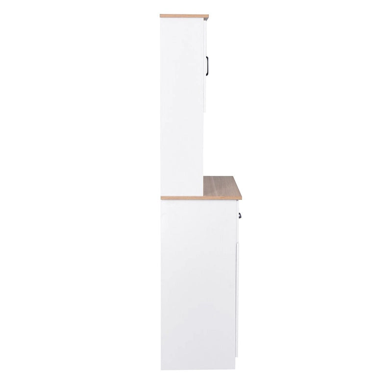 Meuble de rangement de cuisine blanc avec portes vitrées, tiroir et étagère ouverte pour micro-ondes