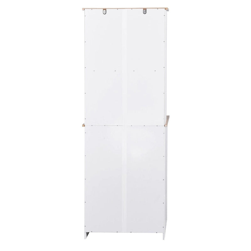 Meuble de rangement de cuisine blanc avec portes vitrées, tiroir et étagère ouverte pour micro-ondes