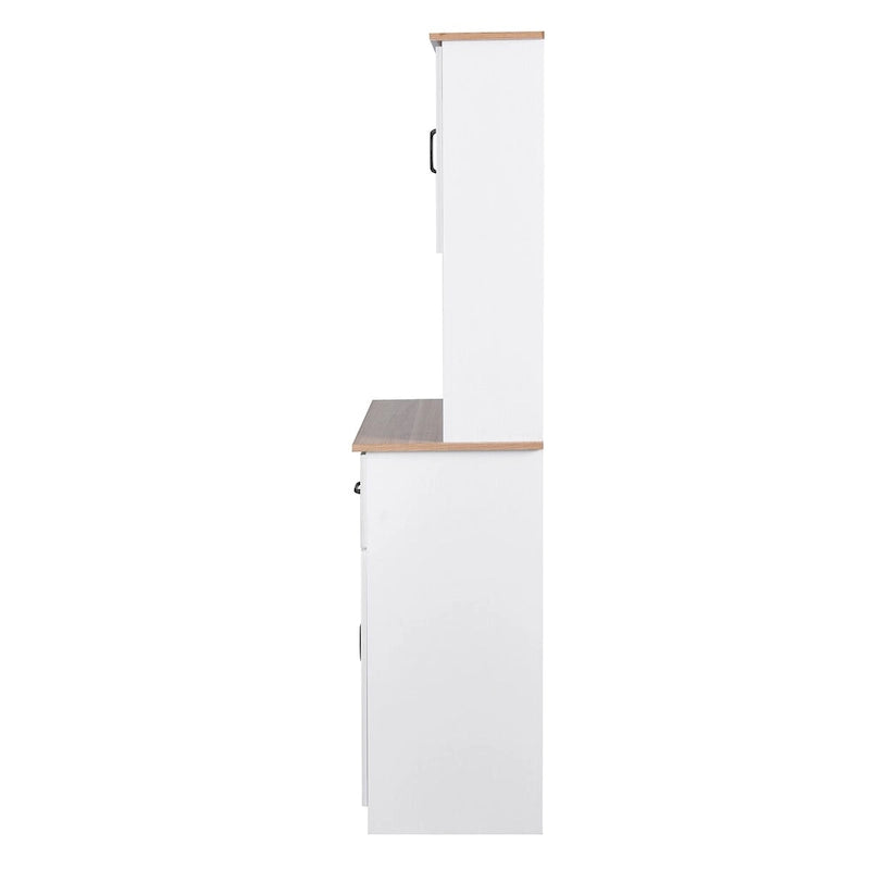 Meuble de rangement de cuisine blanc avec portes vitrées, tiroir et étagère ouverte pour micro-ondes