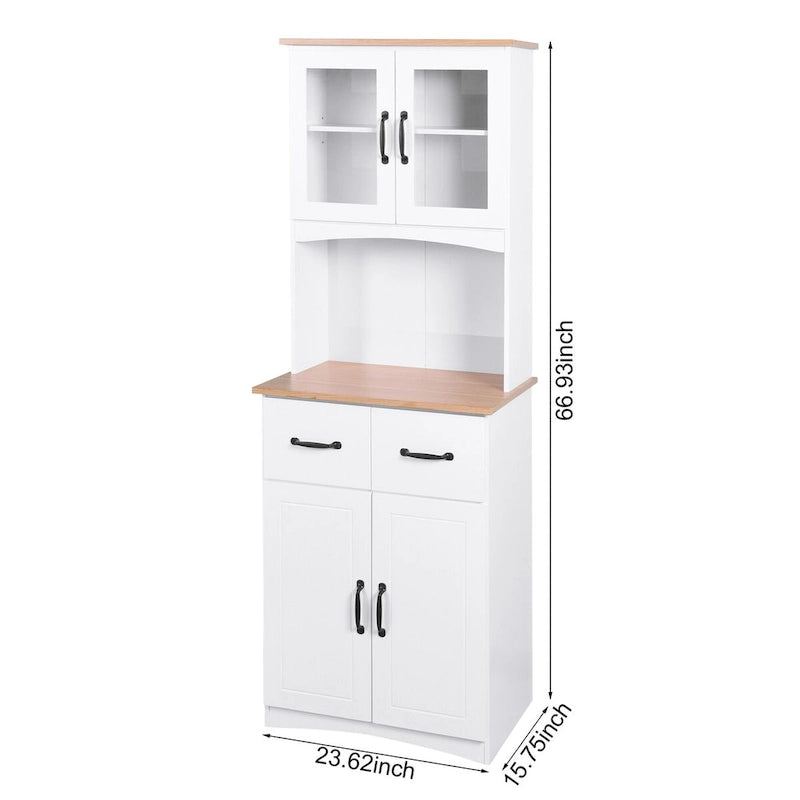 Meuble de rangement de cuisine blanc avec portes vitrées, tiroir et étagère ouverte pour micro-ondes