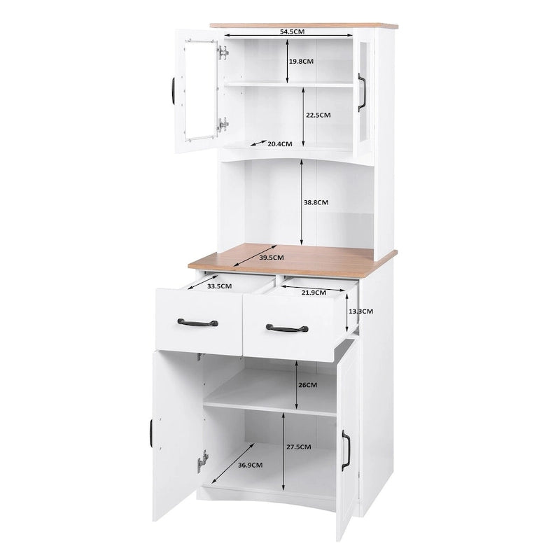 Meuble de rangement de cuisine blanc avec portes vitrées, tiroir et étagère ouverte pour micro-ondes