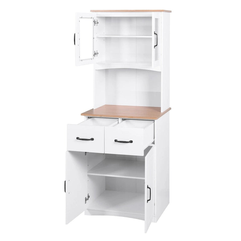 Meuble de rangement de cuisine blanc avec portes vitrées, tiroir et étagère ouverte pour micro-ondes