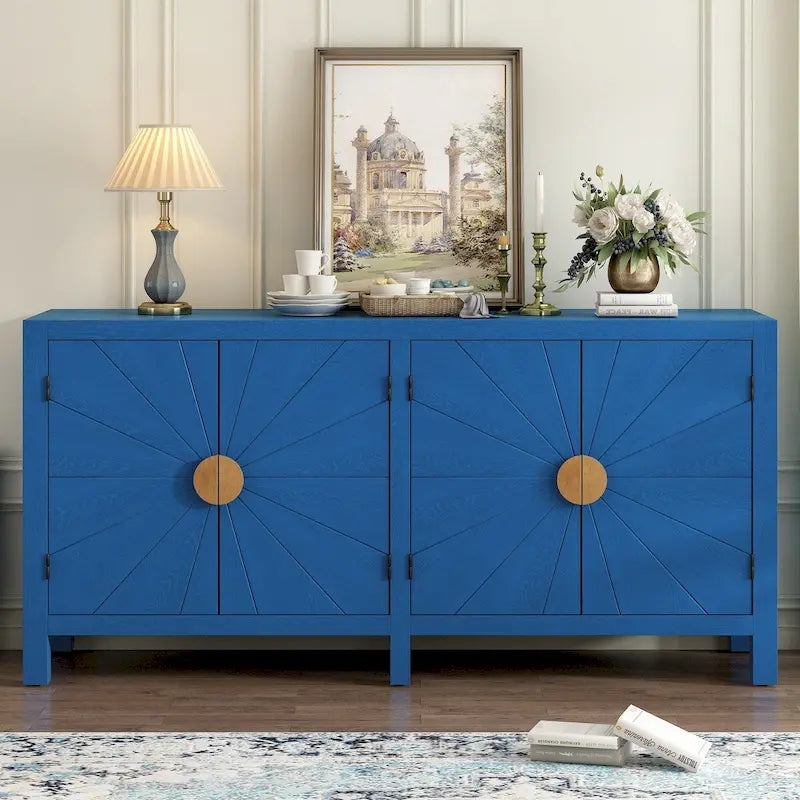 Bahut en placage de frêne à 4 portes avec motif de lignes rayonnantes
