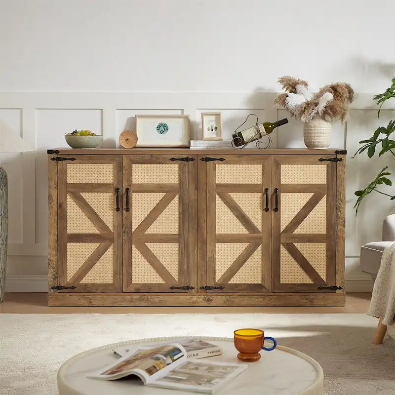 Buffet en chêne imitation rotin avec portes de grange de 65 pouces en bois naturel