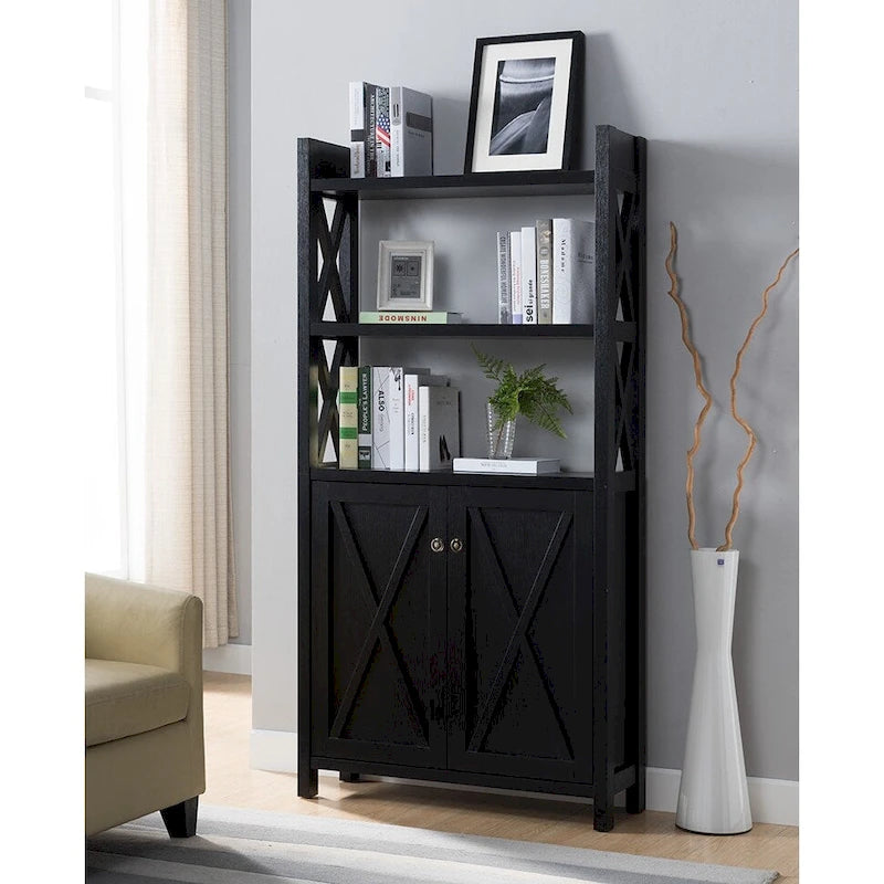 Bibliothèque sculptée motif hachuré noir avec étagères ouvertes et armoire à double porte