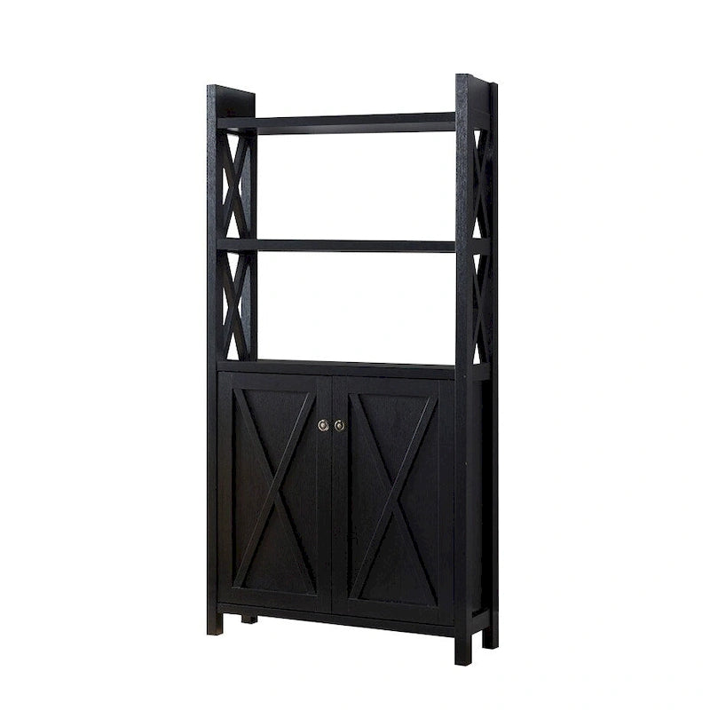 Bibliothèque sculptée motif hachuré noir avec étagères ouvertes et armoire à double porte