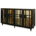 Buffet en bois de manguier avec quatre portes à miroir antique, finition noir foncé