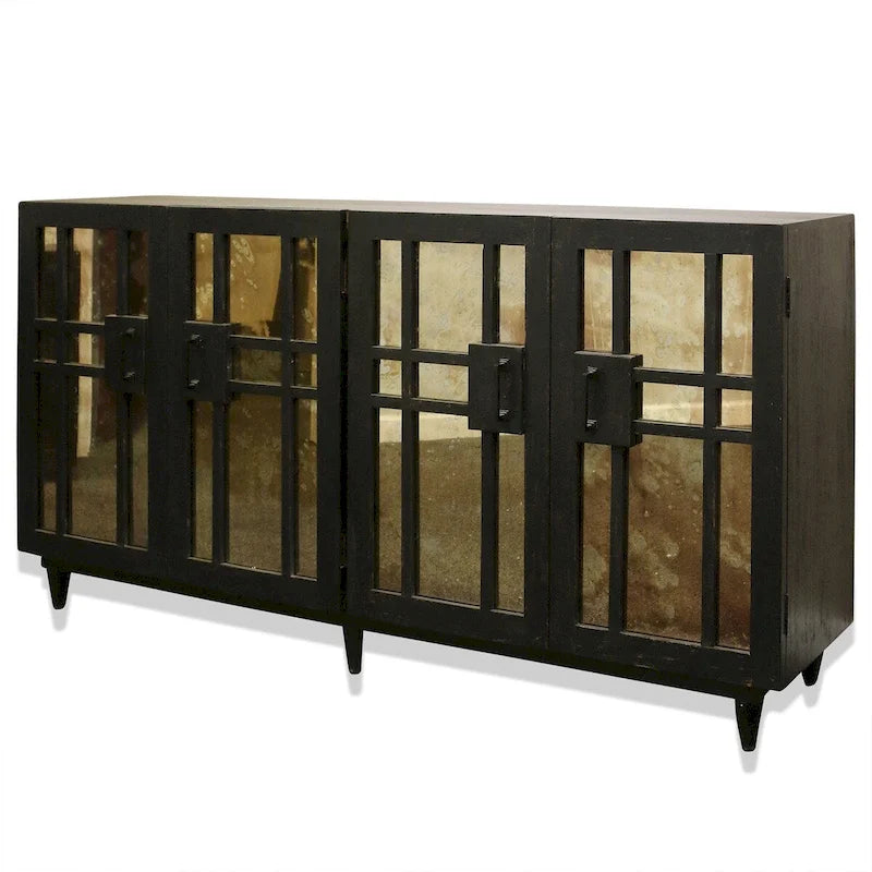 Buffet en bois de manguier avec quatre portes à miroir antique, finition noir foncé