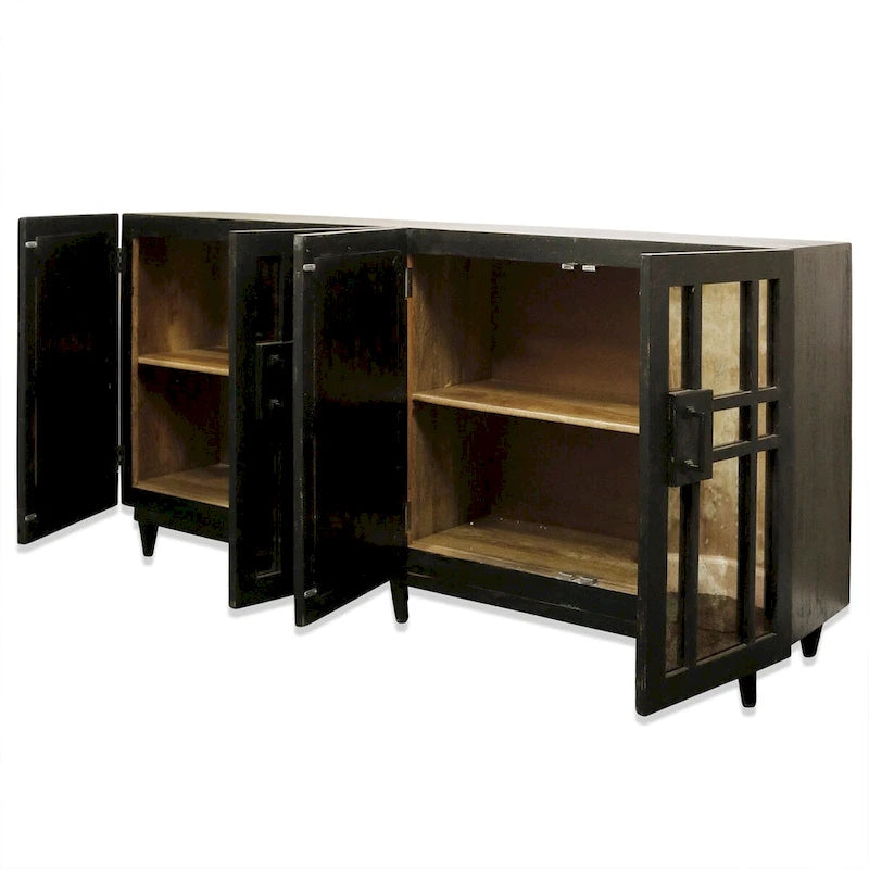 Buffet en bois de manguier avec quatre portes à miroir antique, finition noir foncé