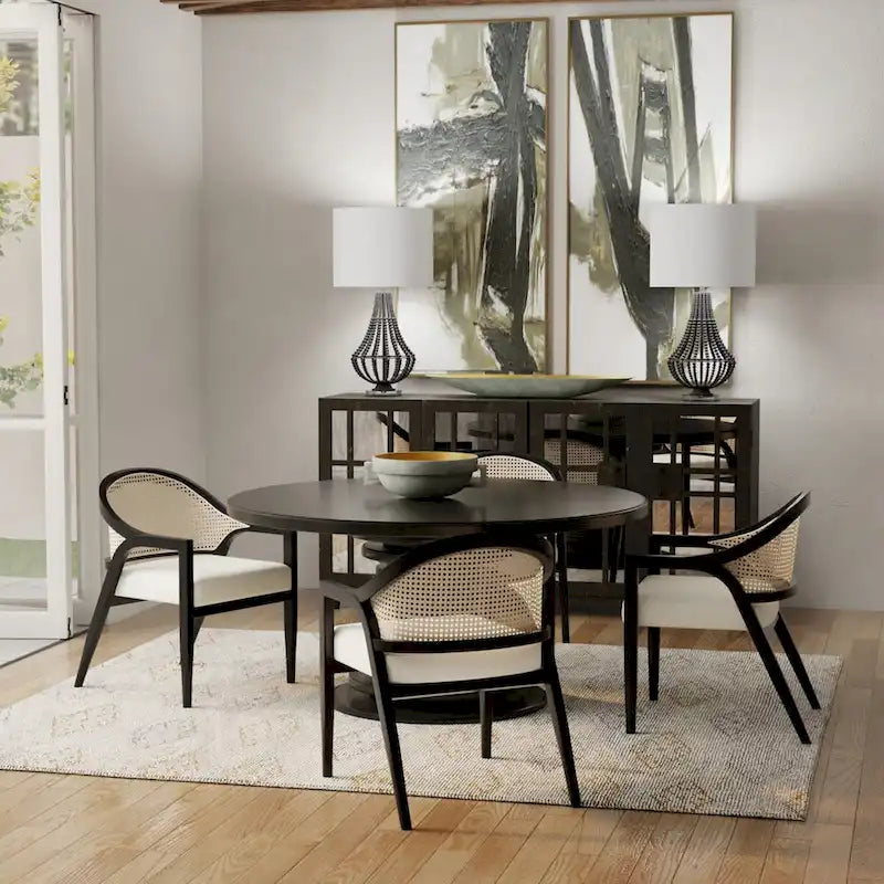 Buffet en bois de manguier avec quatre portes à miroir antique, finition noir foncé