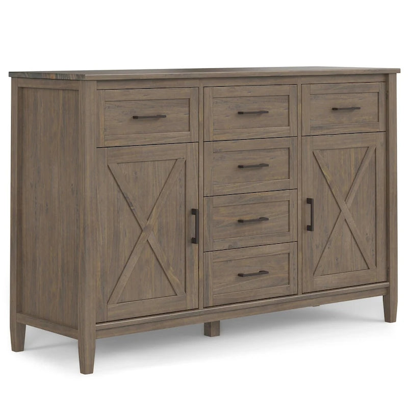 Buffet de style transitionnel en bois massif brun fumé avec 6 tiroirs et armoires de rangement
