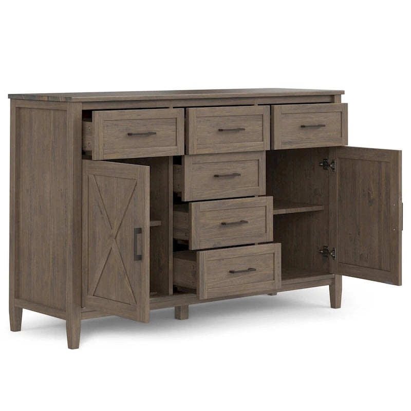 Buffet de style transitionnel en bois massif brun fumé avec 6 tiroirs et armoires de rangement
