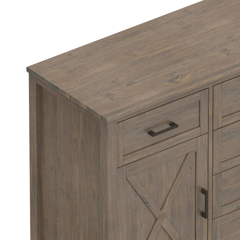 Buffet de style transitionnel en bois massif brun fumé avec 6 tiroirs et armoires de rangement