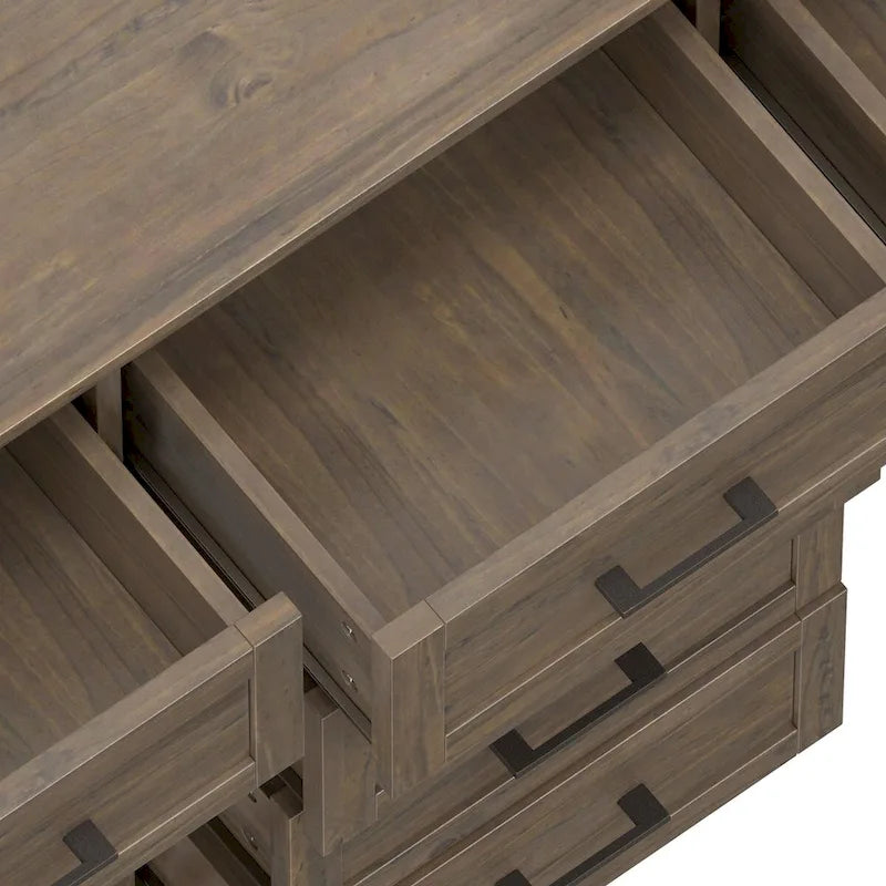 Buffet de style transitionnel en bois massif brun fumé avec 6 tiroirs et armoires de rangement