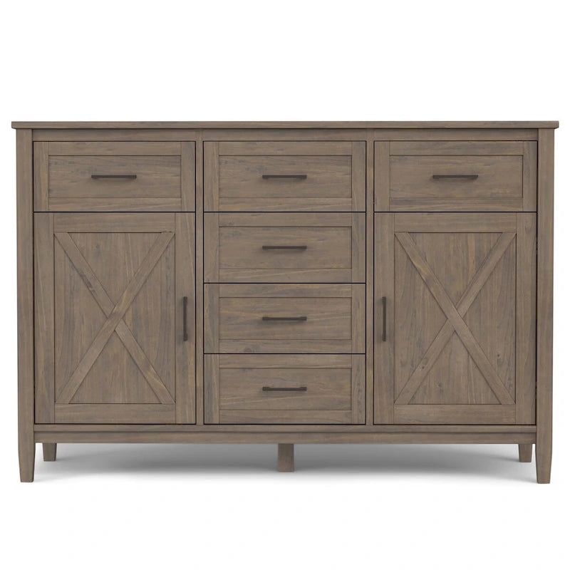 Buffet de style transitionnel en bois massif brun fumé avec 6 tiroirs et armoires de rangement