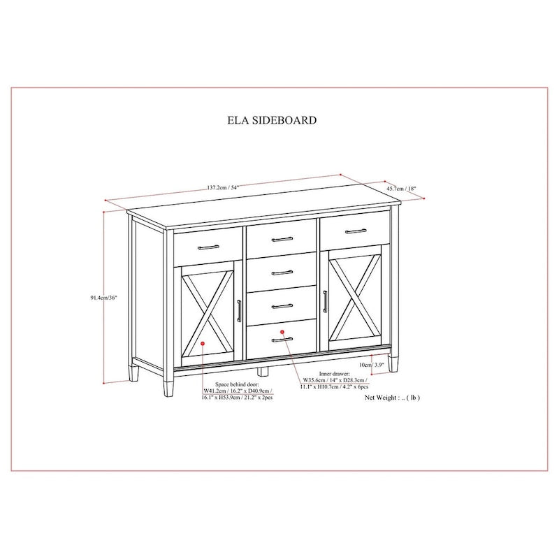 Buffet de style transitionnel en bois massif brun fumé avec 6 tiroirs et armoires de rangement