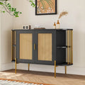 Buffet incurvé avec portes en rotin et accents dorés, noir et blanc