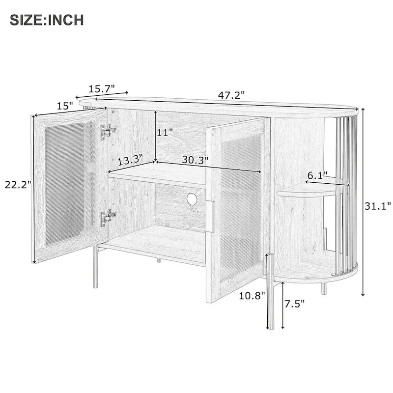 Buffet incurvé avec portes en rotin et accents dorés, noir et blanc
