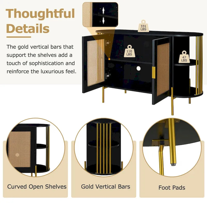 Buffet incurvé avec portes en rotin et accents dorés, noir et blanc