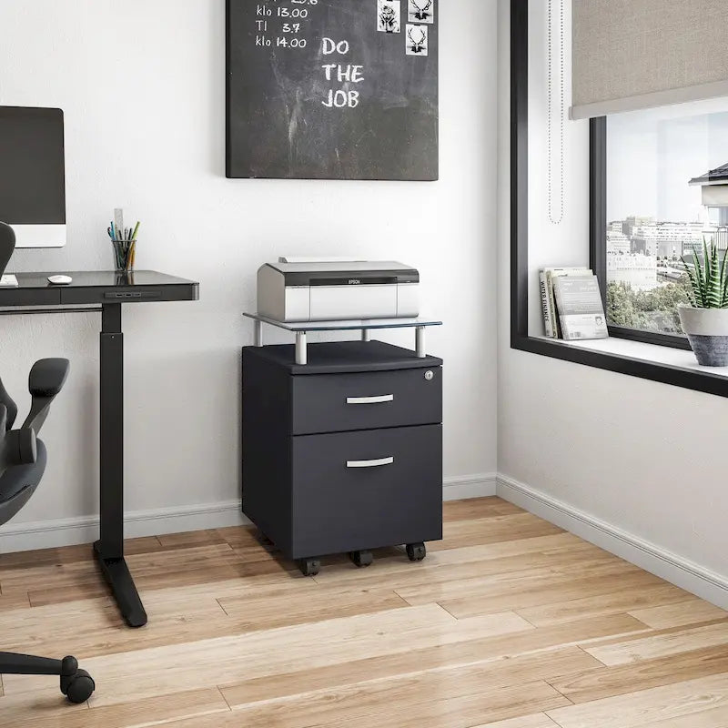 Classeur mobile à roulettes avec plateau en verre trempé et tiroirs verrouillables Gris graphite