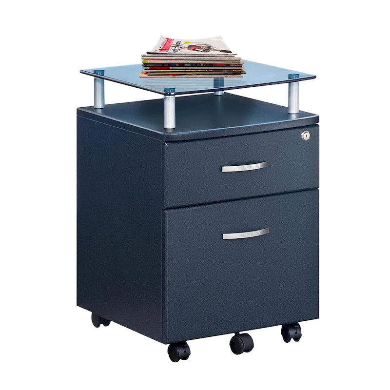 Classeur mobile à roulettes avec plateau en verre trempé et tiroirs verrouillables Gris graphite